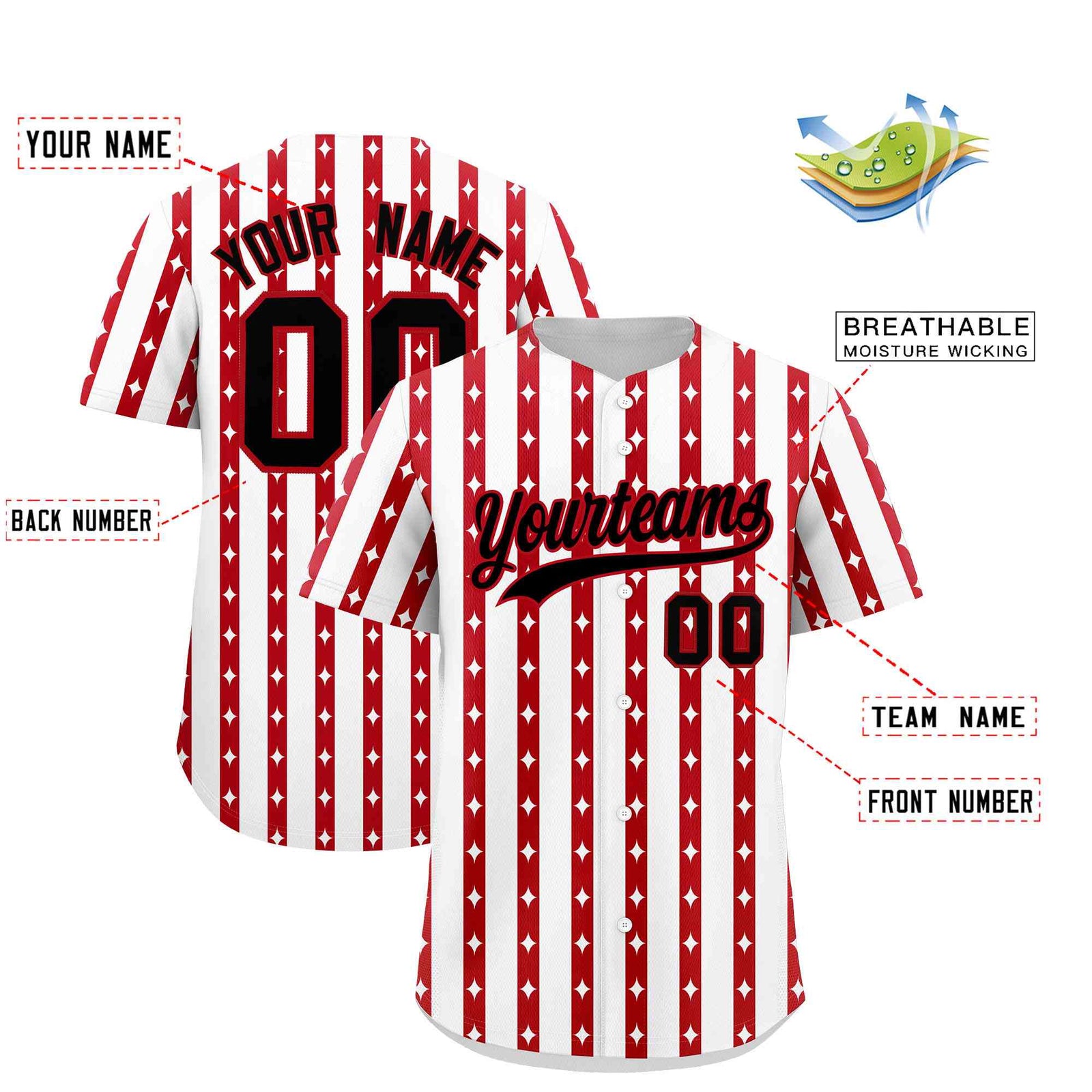 Custom White Red Star Pattern Thick Stripes Baseball Jersey