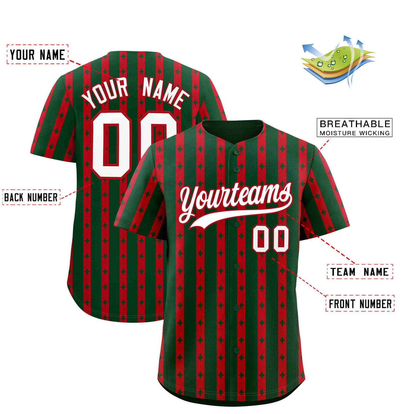 Custom Green Red Star Pattern Thick Stripes Baseball Jersey