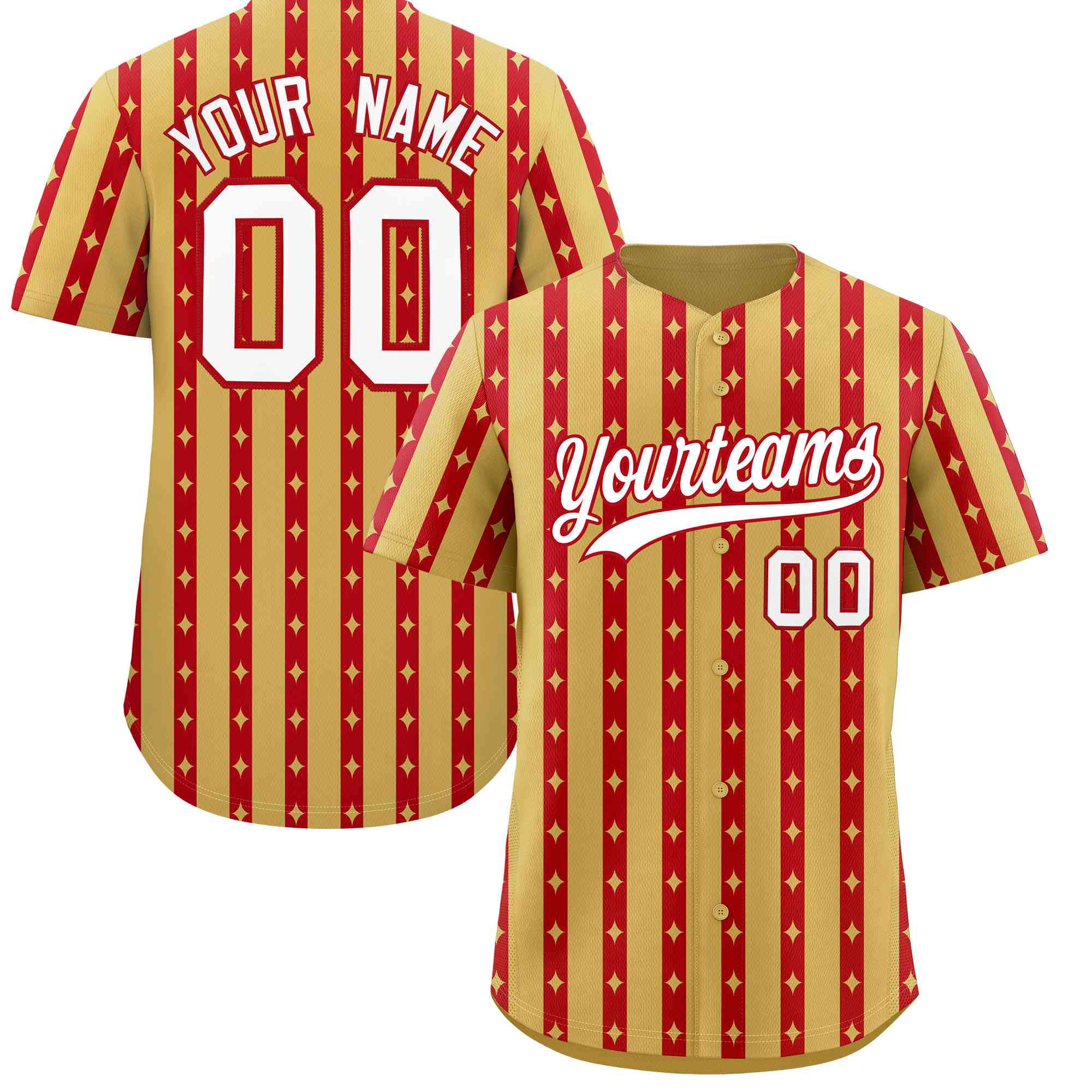 Custom Old Gold Red Star Pattern Thick Stripes Baseball Jersey