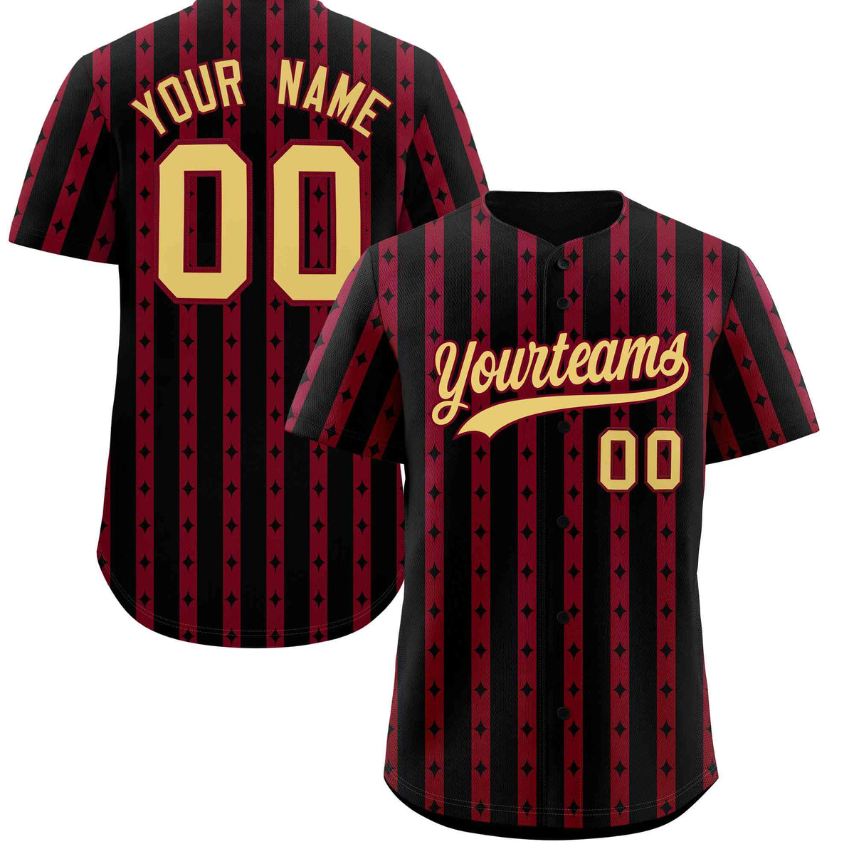 Custom Black Crimson Star Pattern Thick Stripes Baseball Jersey