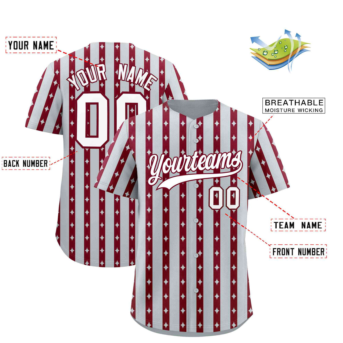 Custom Silver Crimson Star Pattern Thick Stripes Baseball Jersey