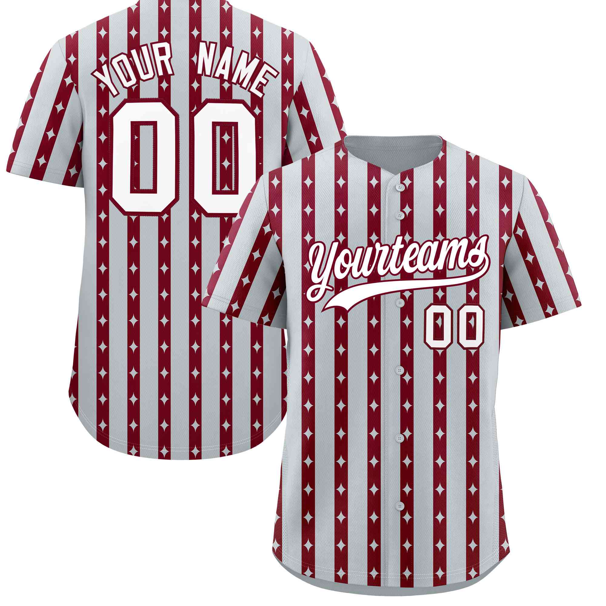 Custom Silver Crimson Star Pattern Thick Stripes Baseball Jersey