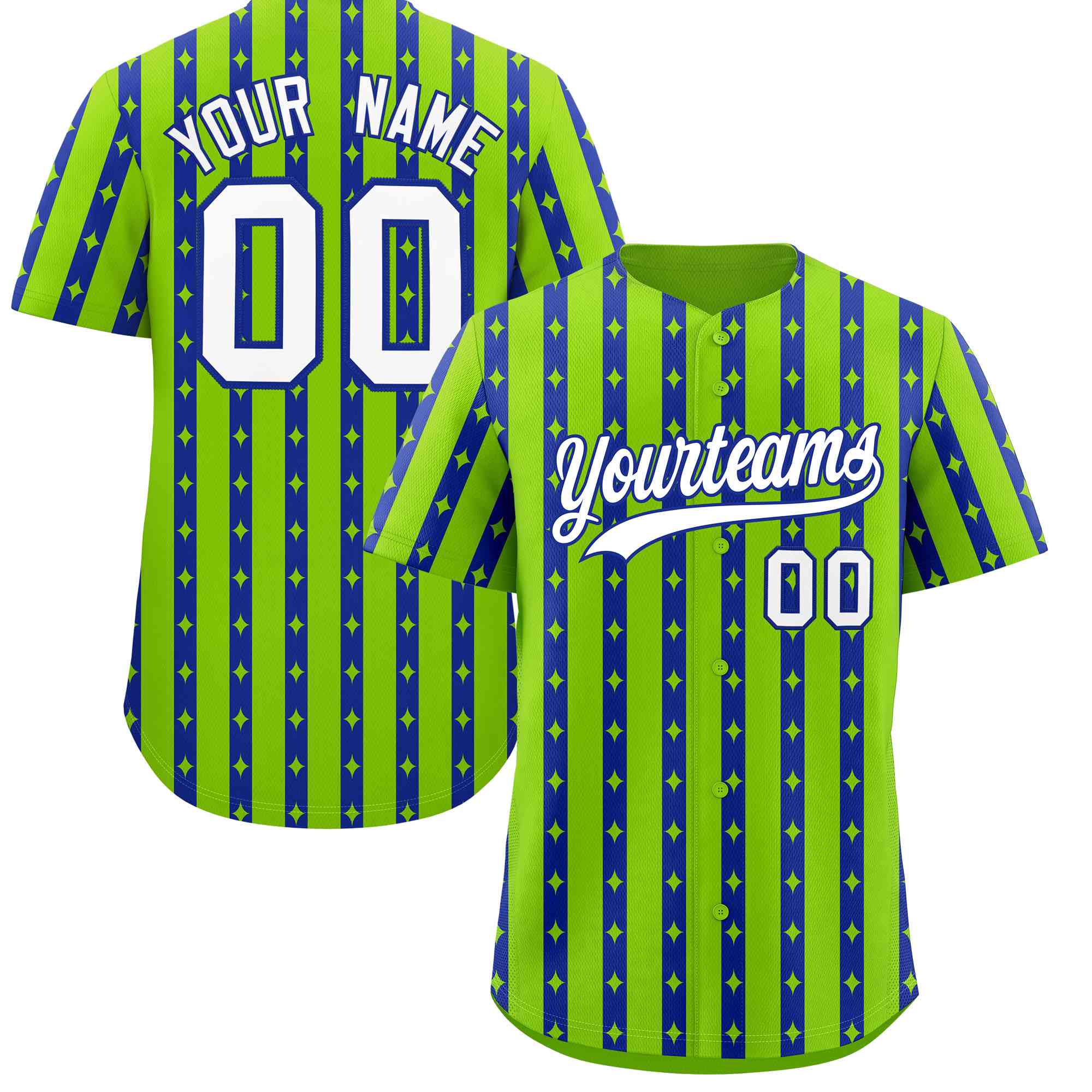 Custom Neon Green Royal Blue Star Pattern Thick Stripes Baseball Jersey