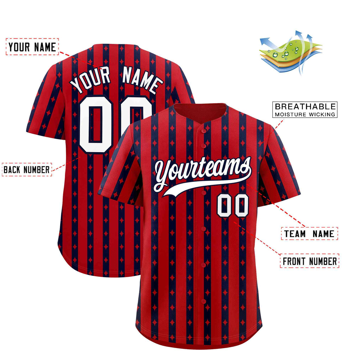 Custom Red Navy Star Pattern Thick Stripes Baseball Jersey