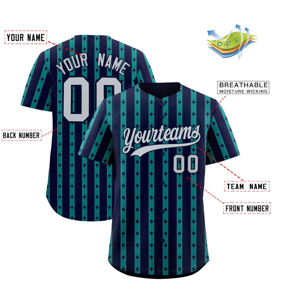 Custom Navy Teal Star Pattern Thick Stripes Baseball Jersey