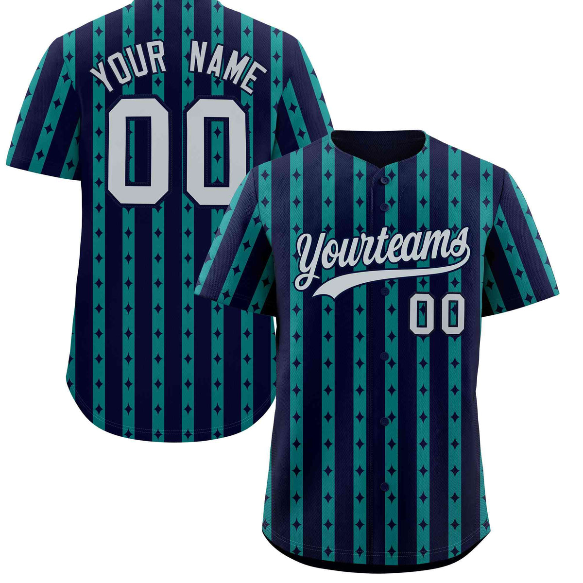 Custom Navy Teal Star Pattern Thick Stripes Baseball Jersey