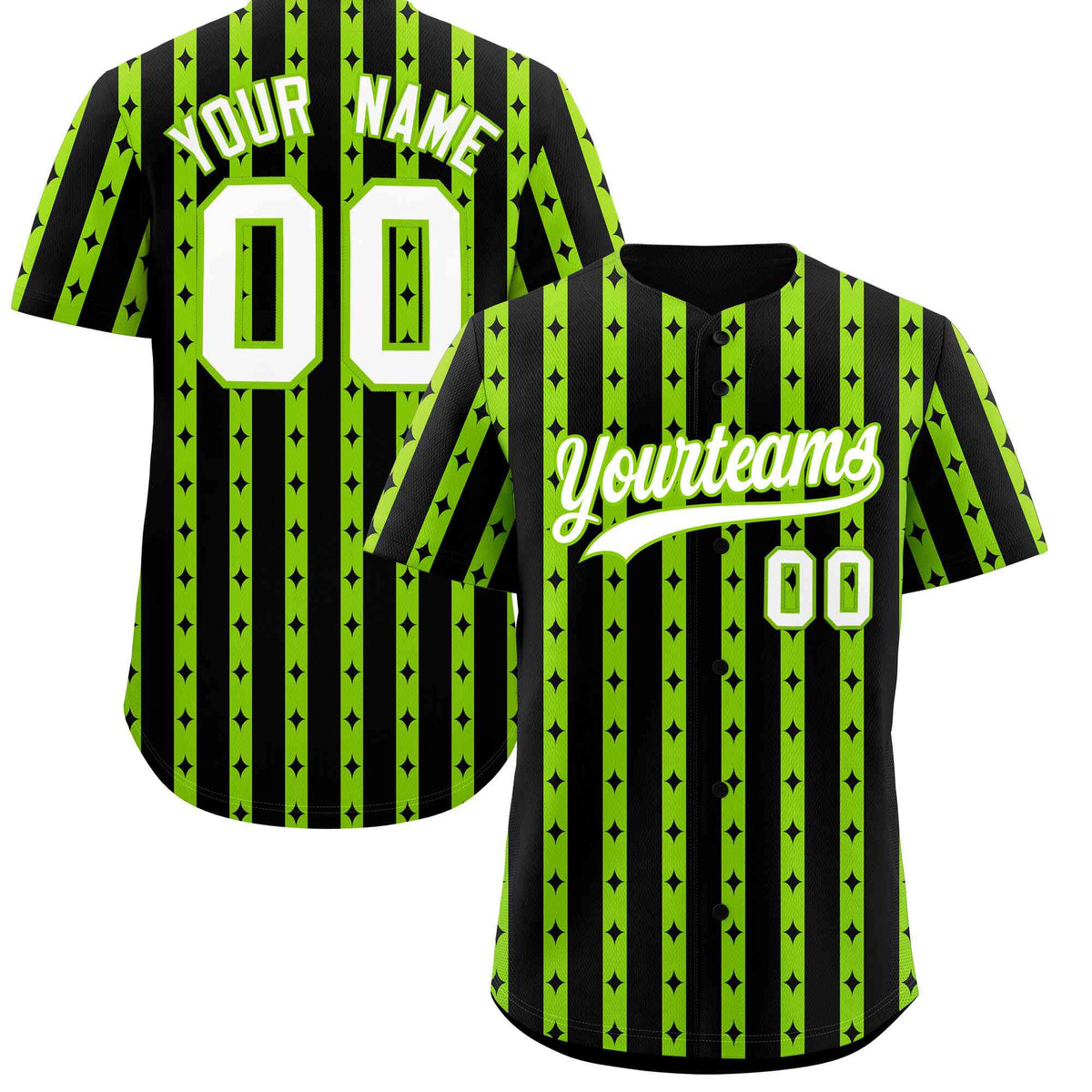 Custom Black Neon Green Star Pattern Thick Stripes Baseball Jersey