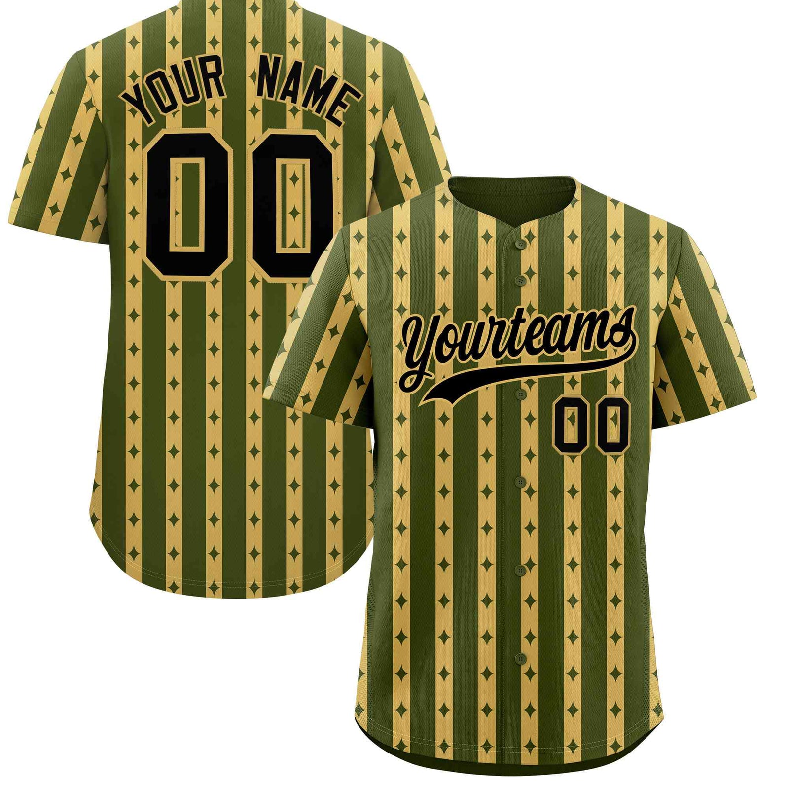 Custom Olive Old Gold Star Pattern Thick Stripes Baseball Jersey