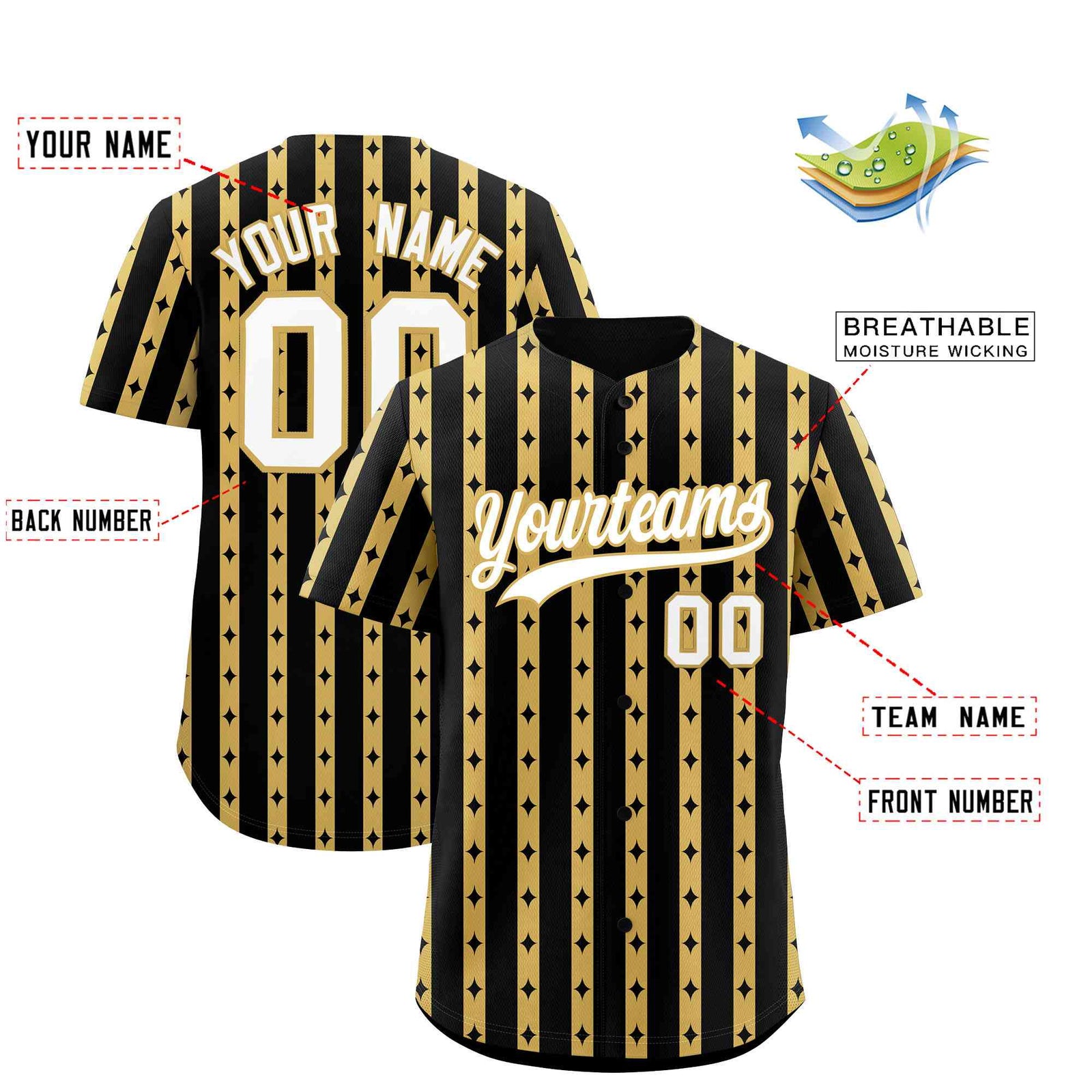 Custom Black Old Gold Star Pattern Thick Stripes Baseball Jersey