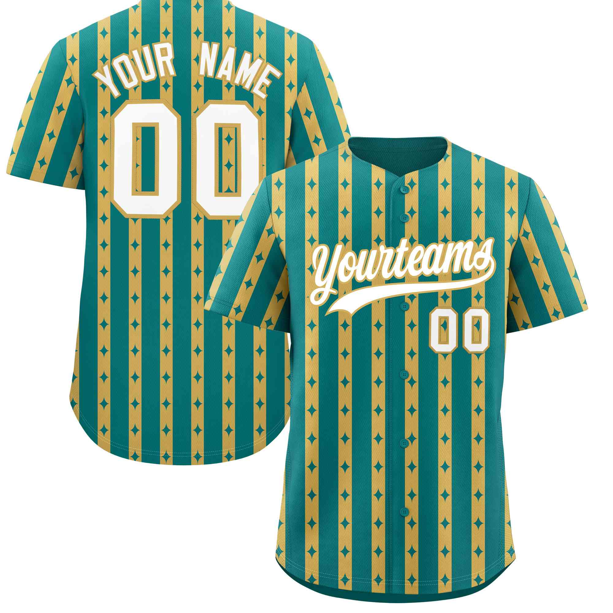 Custom Teal Old Gold Star Pattern Thick Stripes Baseball Jersey