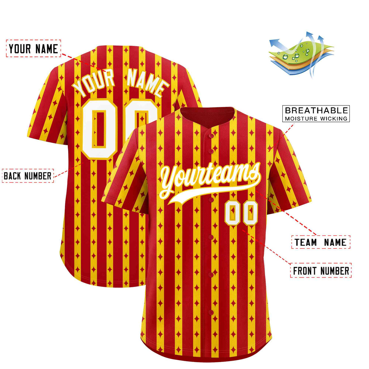 Custom Red Gold Star Pattern Thick Stripes Baseball Jersey