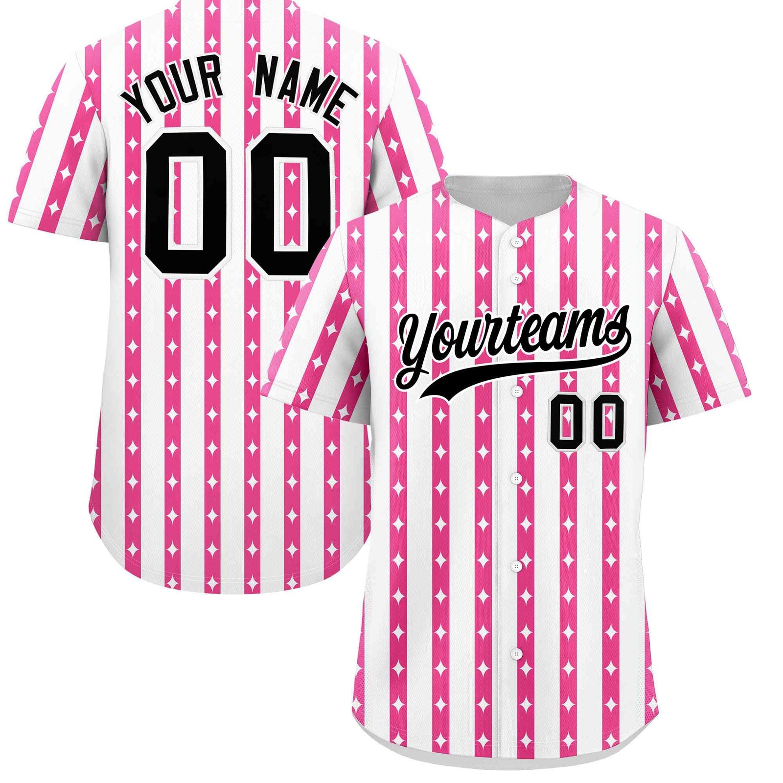 Custom White Pink Star Pattern Thick Stripes Baseball Jersey