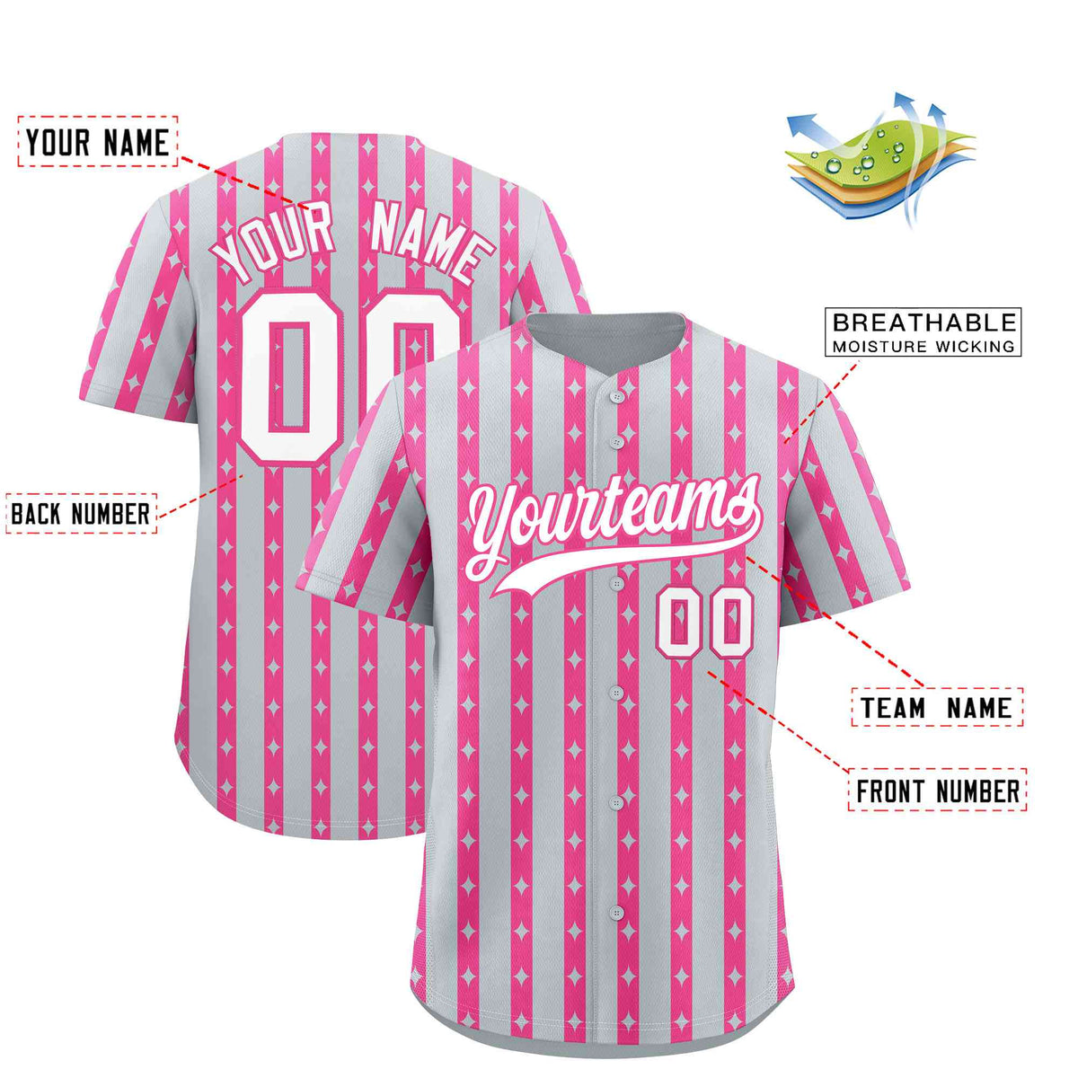 Custom Silver Pink Star Pattern Thick Stripes Baseball Jersey