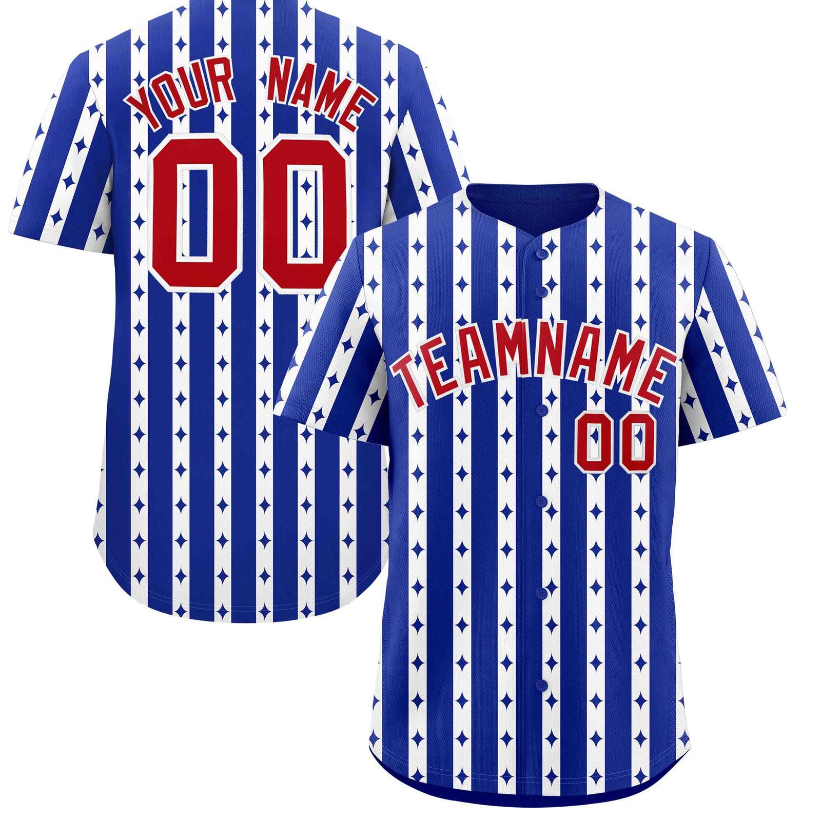 Custom Royal Blue White Star Pattern Thick Stripes Baseball Jersey