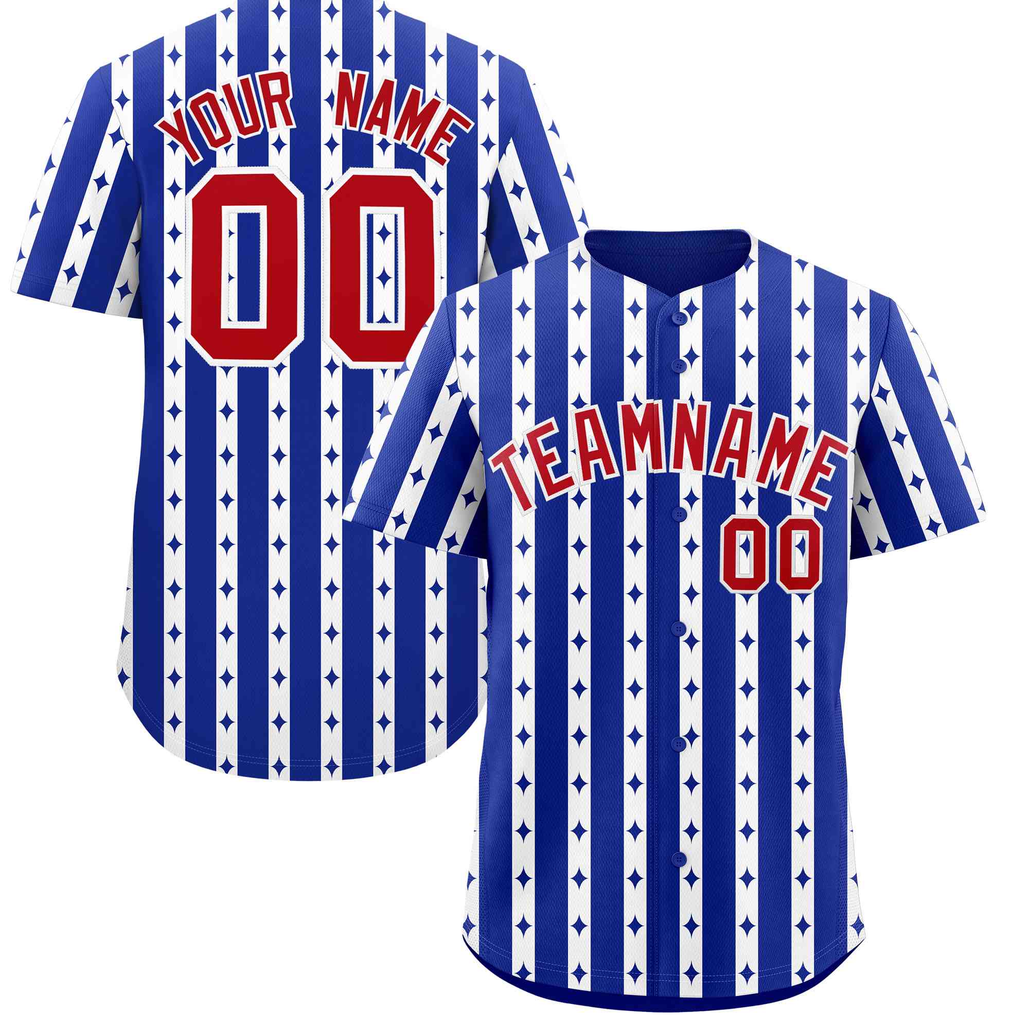 Custom Royal Blue White Star Pattern Thick Stripes Baseball Jersey