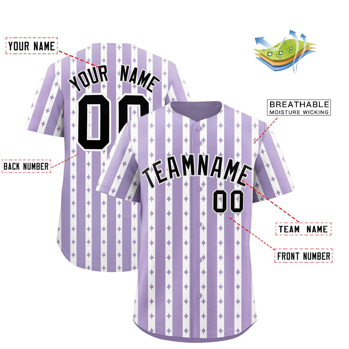 Custom Light Purple White Star Pattern Thick Stripes Baseball Jersey