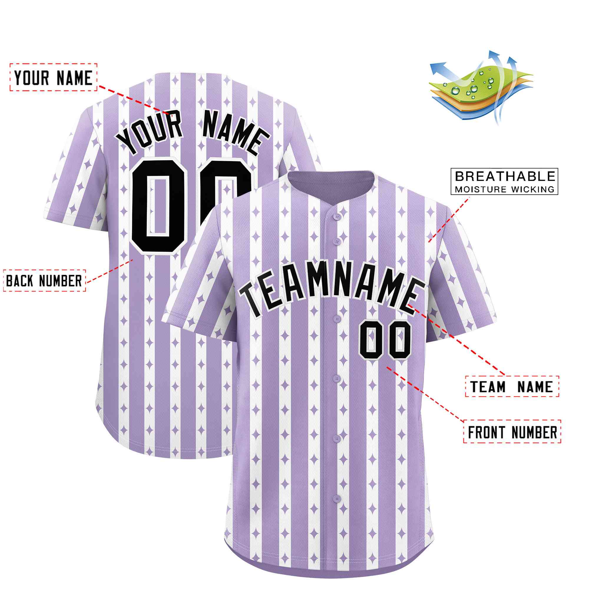 Custom Light Purple White Star Pattern Thick Stripes Baseball Jersey