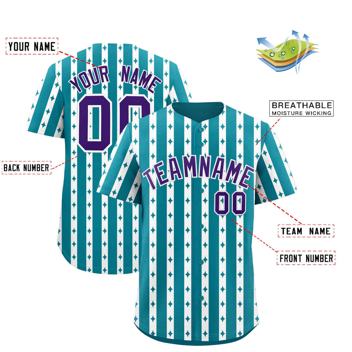 Custom Teal White Star Pattern Thick Stripes Baseball Jersey
