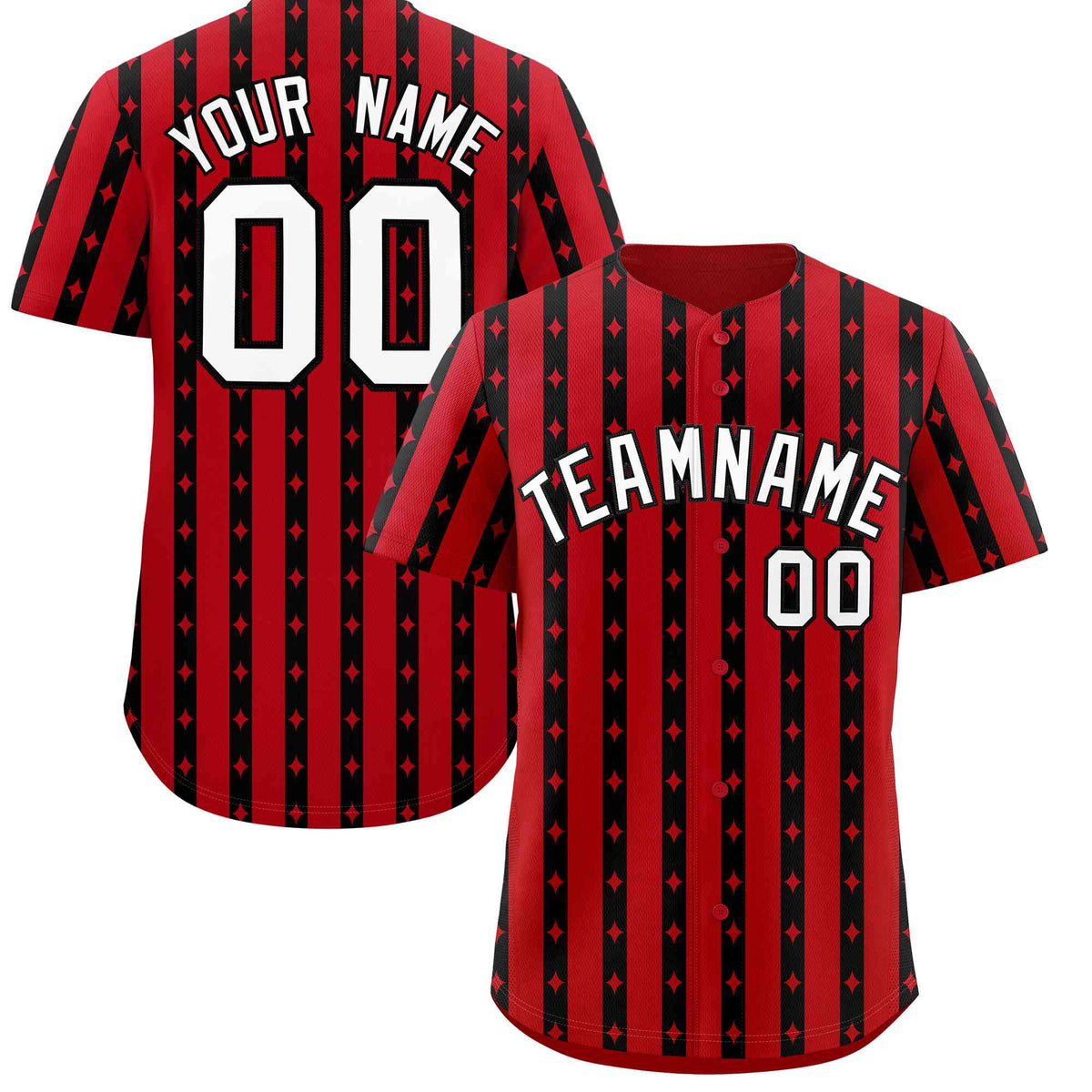 Custom Red Black Star Pattern Thick Stripes Baseball Jersey