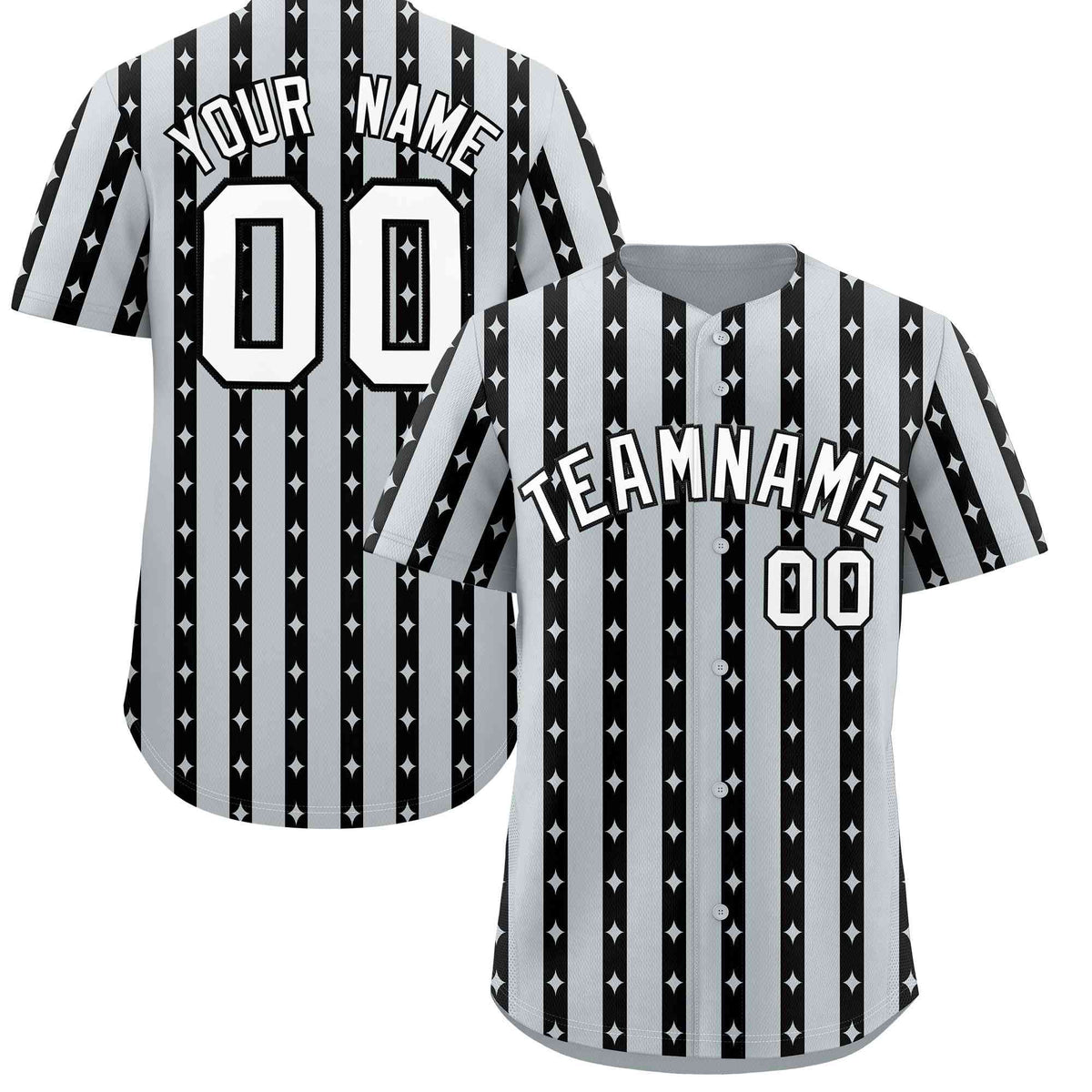 Custom Silver Black Star Pattern Thick Stripes Baseball Jersey