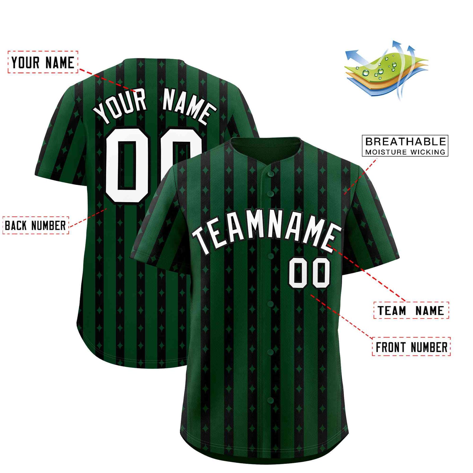 Custom Green Black Star Pattern Thick Stripes Baseball Jersey