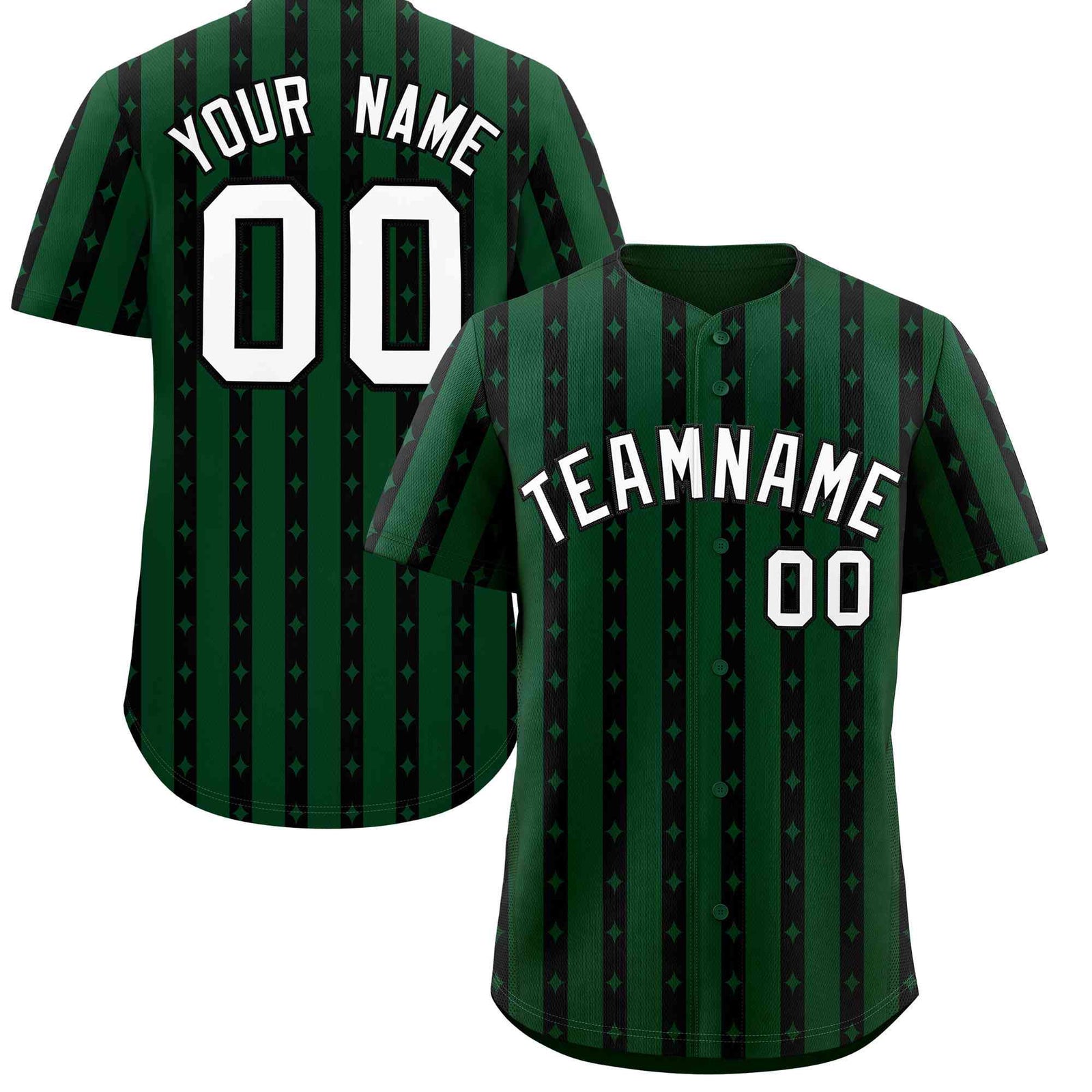 Custom Green Black Star Pattern Thick Stripes Baseball Jersey