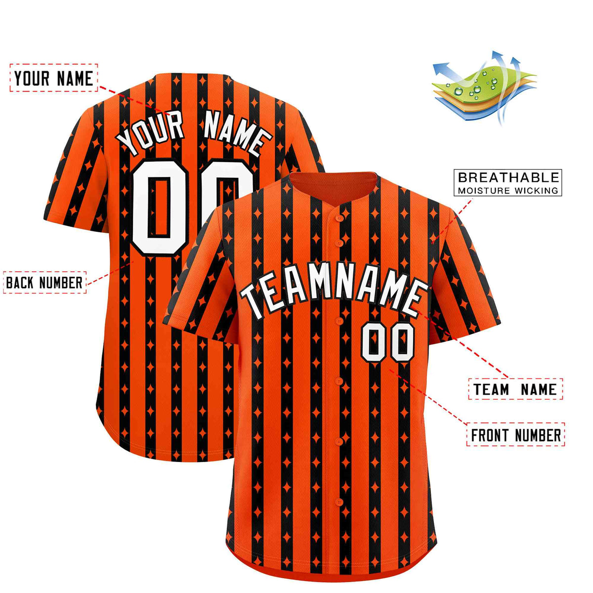 Custom Orange Black Star Pattern Thick Stripes Baseball Jersey