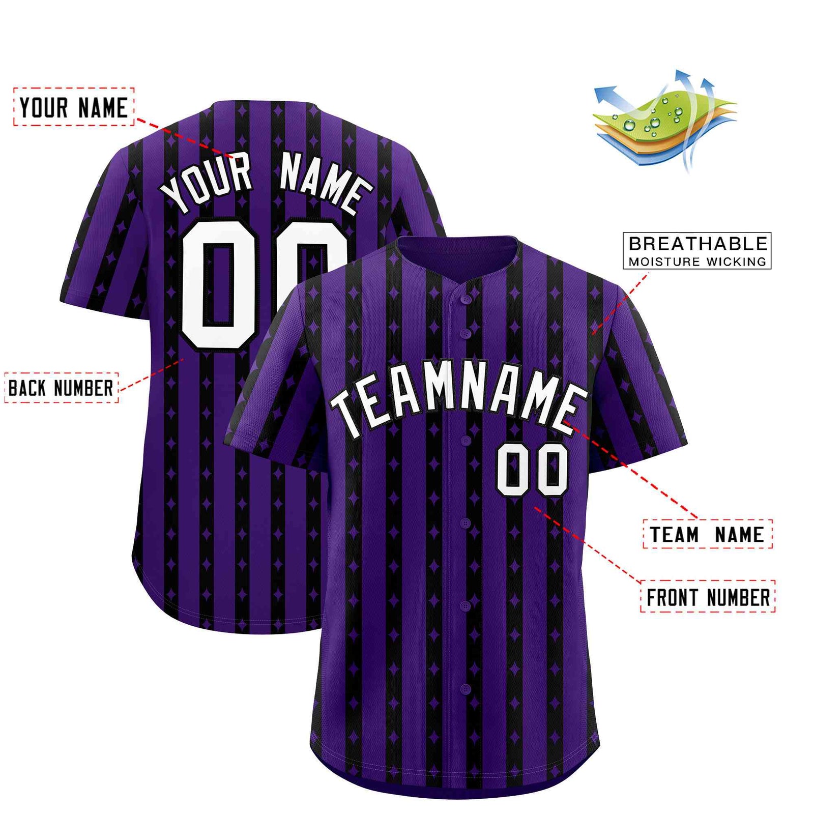 Custom Purple Black Star Pattern Thick Stripes Baseball Jersey