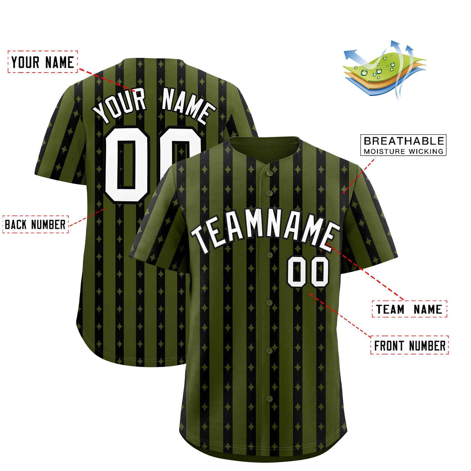 Custom Olive Black Star Pattern Thick Stripes Baseball Jersey