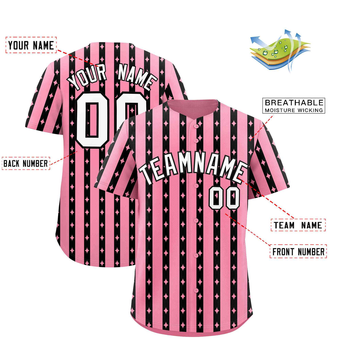 Custom Light Pink Black Star Pattern Thick Stripes Baseball Jersey