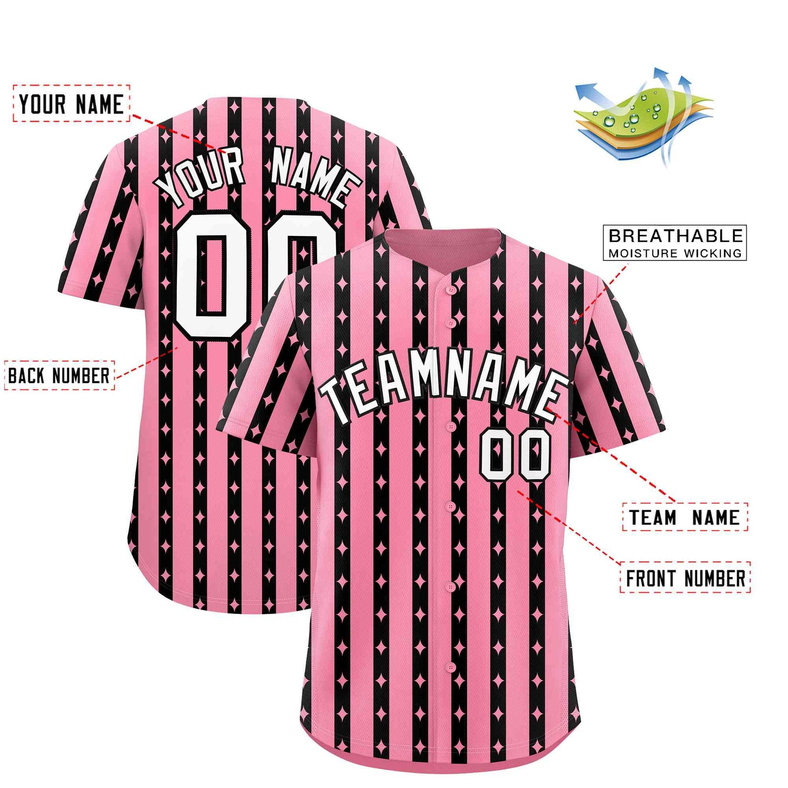 Custom Light Pink Black Star Pattern Thick Stripes Baseball Jersey
