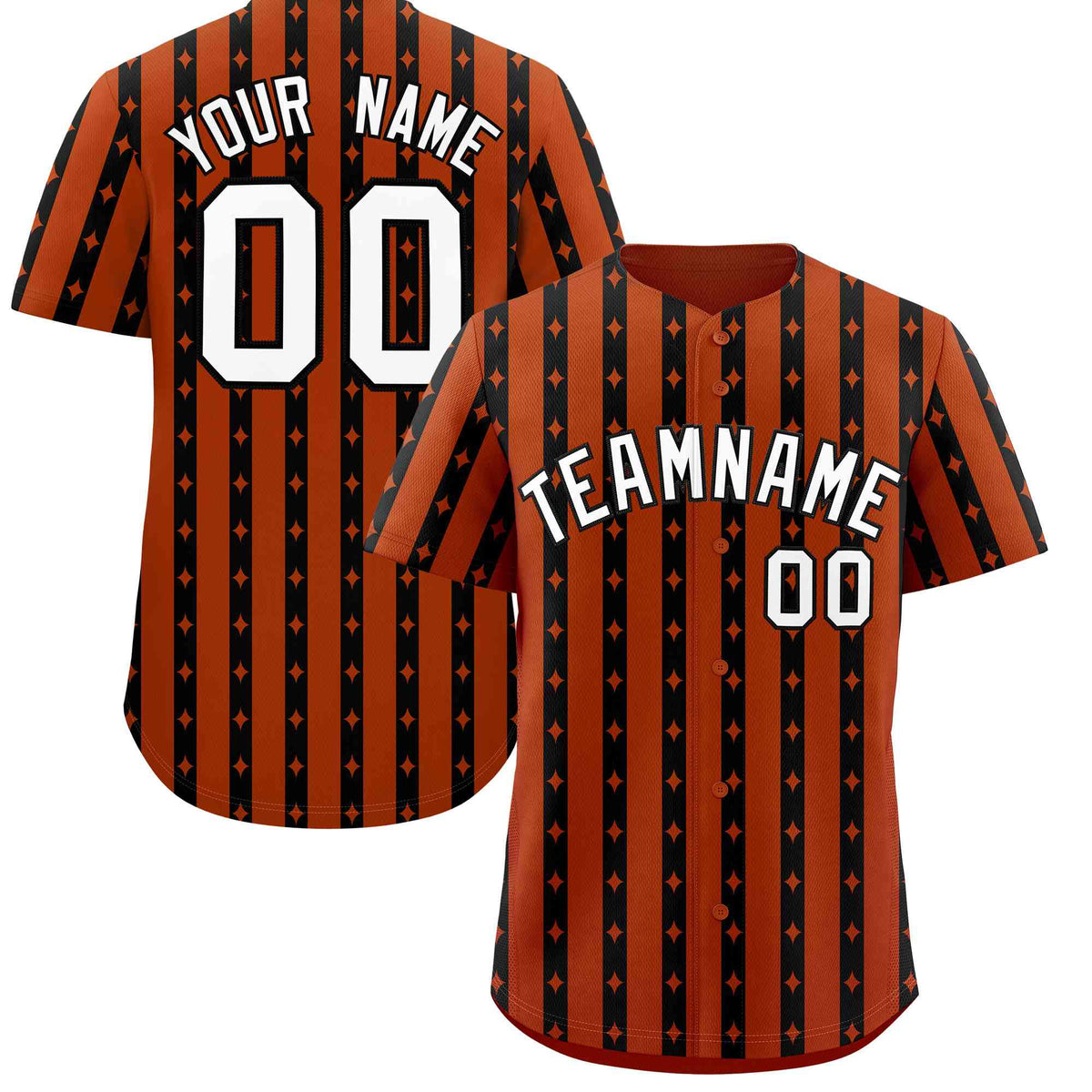 Custom Dark Orange Black Star Pattern Thick Stripes Baseball Jersey