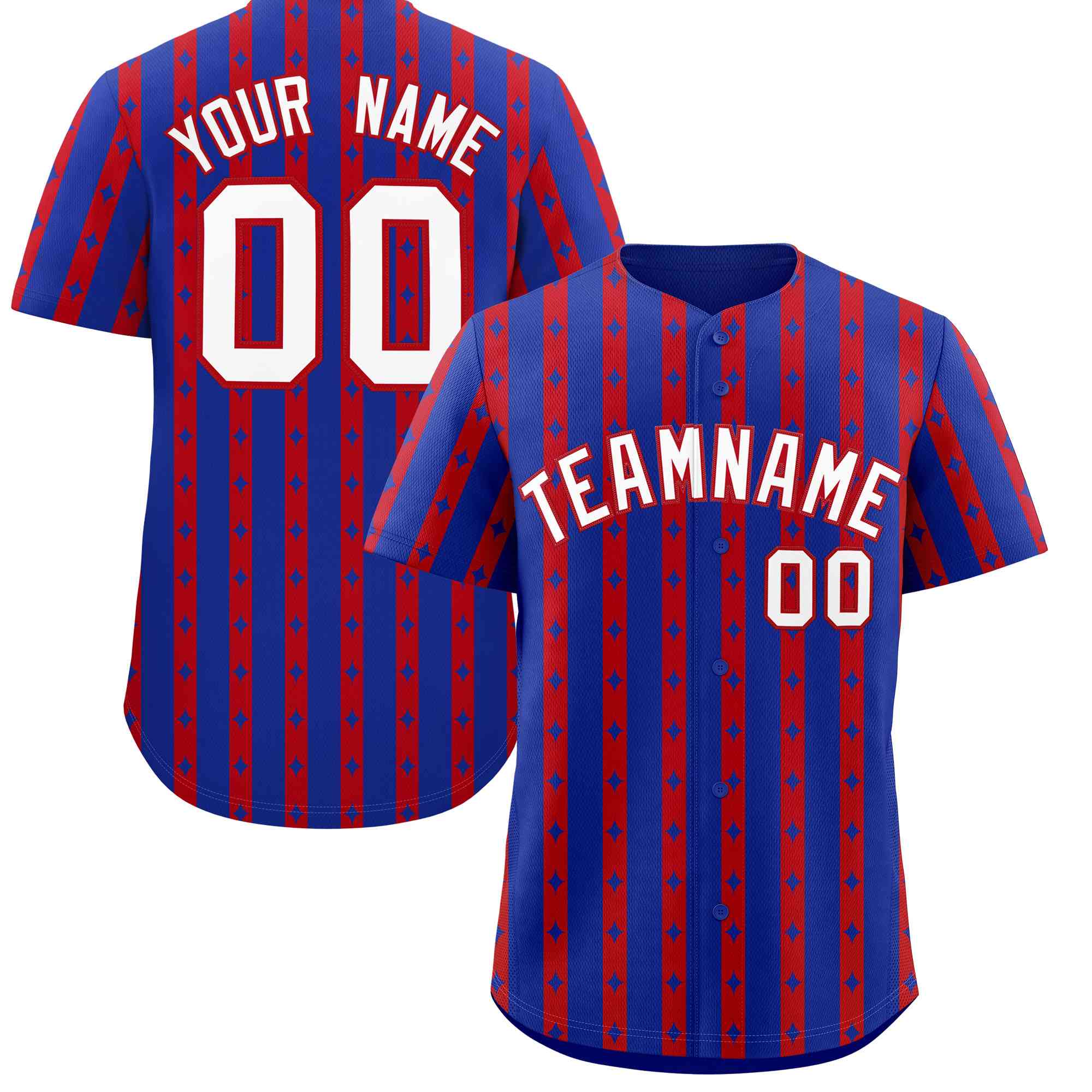 Custom Royal Blue Red Star Pattern Thick Stripes Baseball Jersey