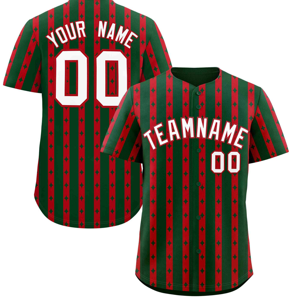 Custom Green Red Star Pattern Thick Stripes Baseball Jersey