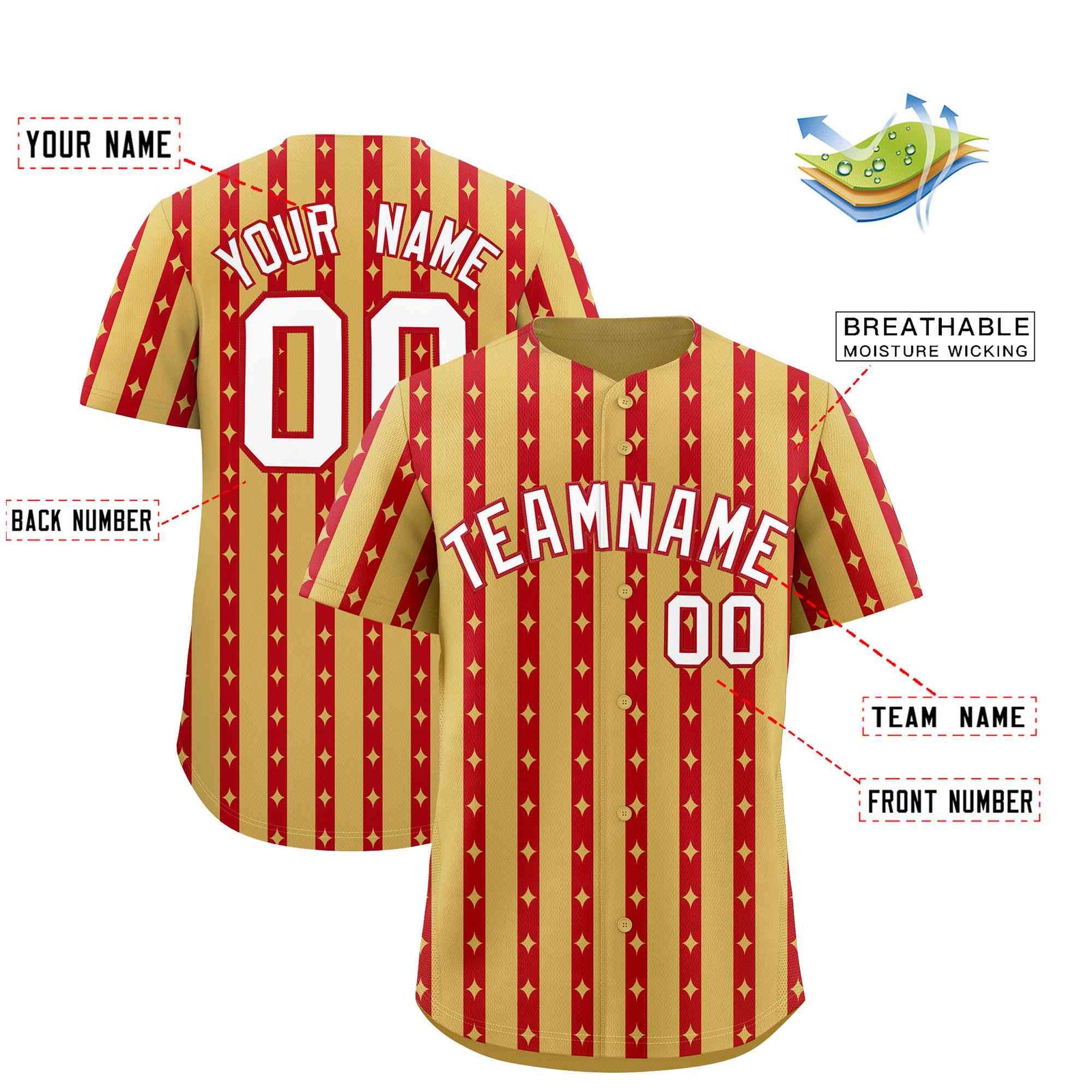 Custom Old Gold Red Star Pattern Thick Stripes Baseball Jersey