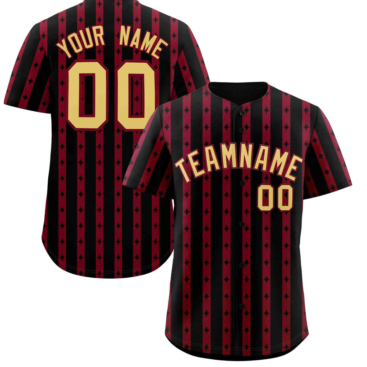 Custom Black Crimson Star Pattern Thick Stripes Baseball Jersey
