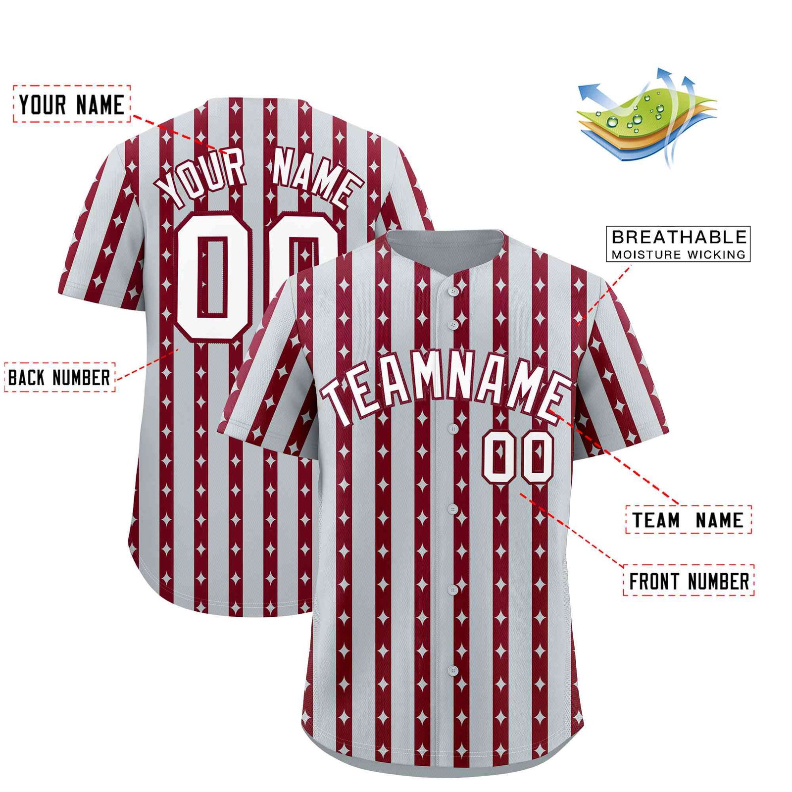 Custom Silver Crimson Star Pattern Thick Stripes Baseball Jersey