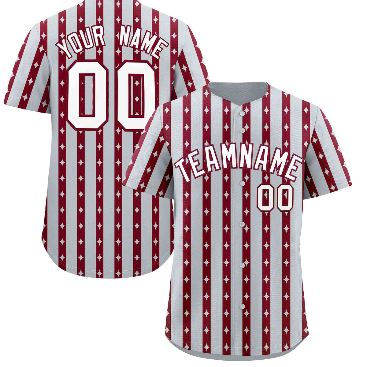Custom Silver Crimson Star Pattern Thick Stripes Baseball Jersey