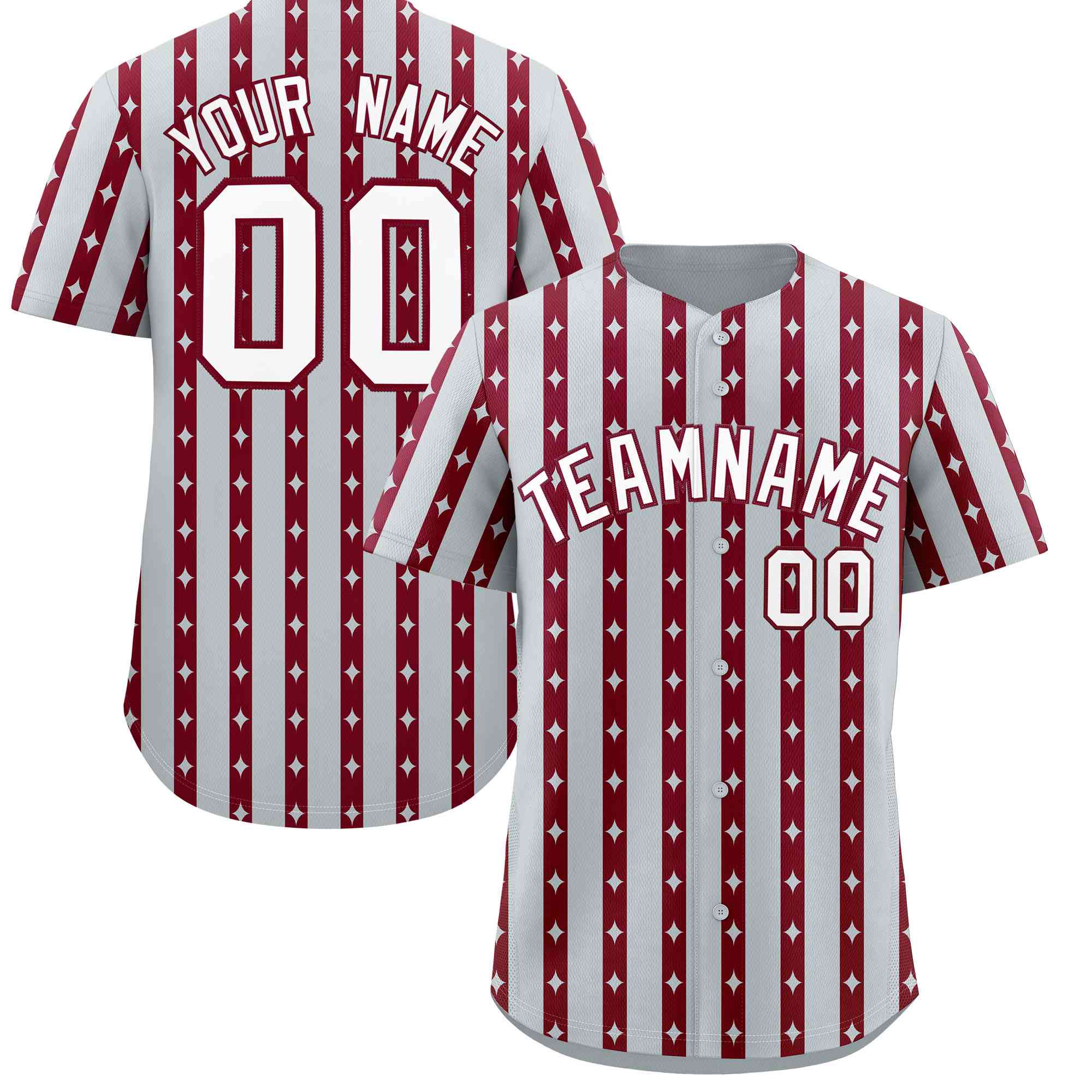 Custom Silver Crimson Star Pattern Thick Stripes Baseball Jersey