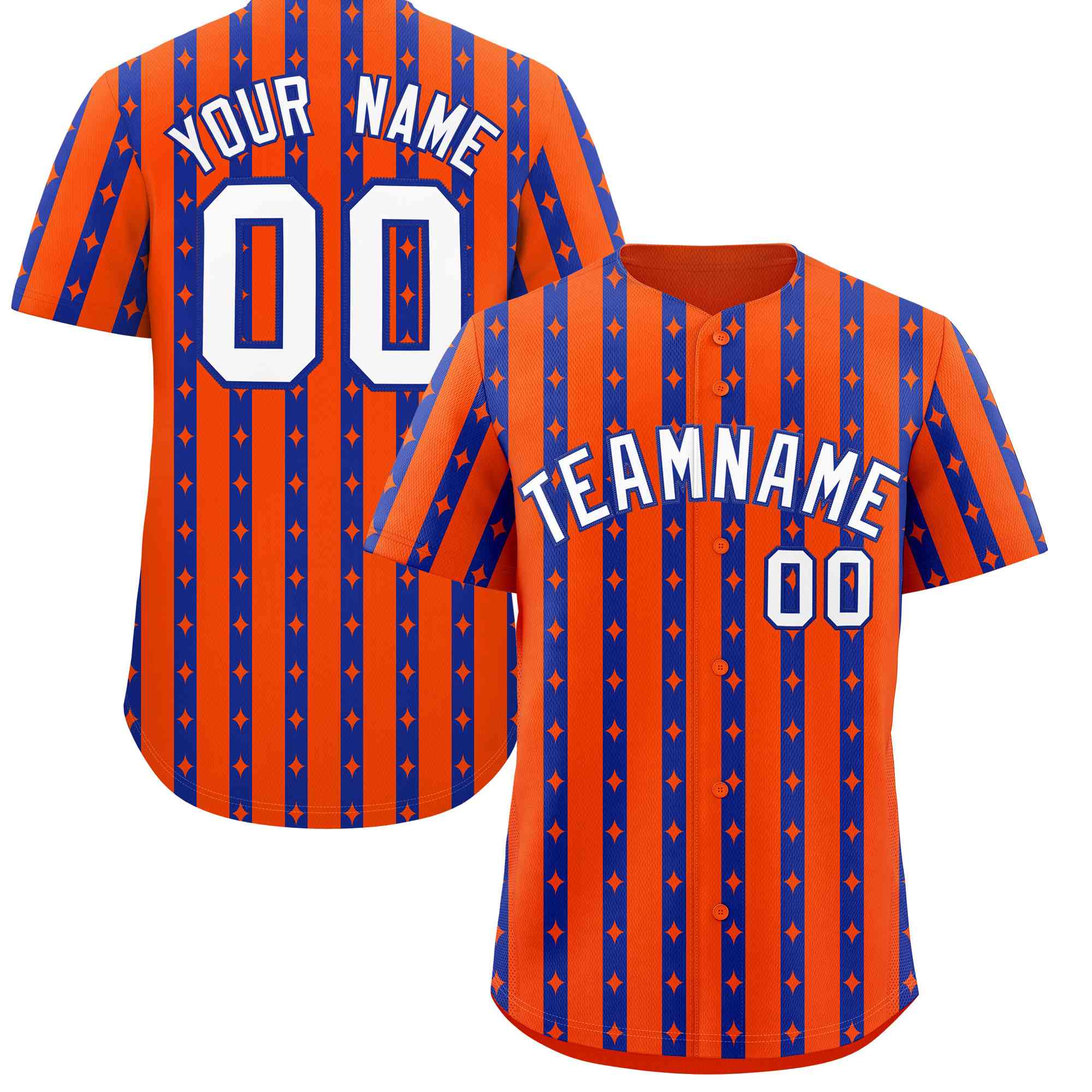 Custom Orange Royal Blue Star Pattern Thick Stripes Baseball Jersey