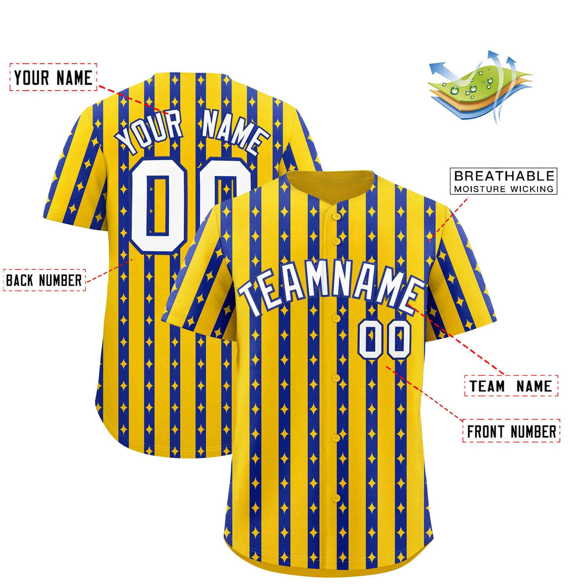 Custom Gold Royal Blue Star Pattern Thick Stripes Baseball Jersey