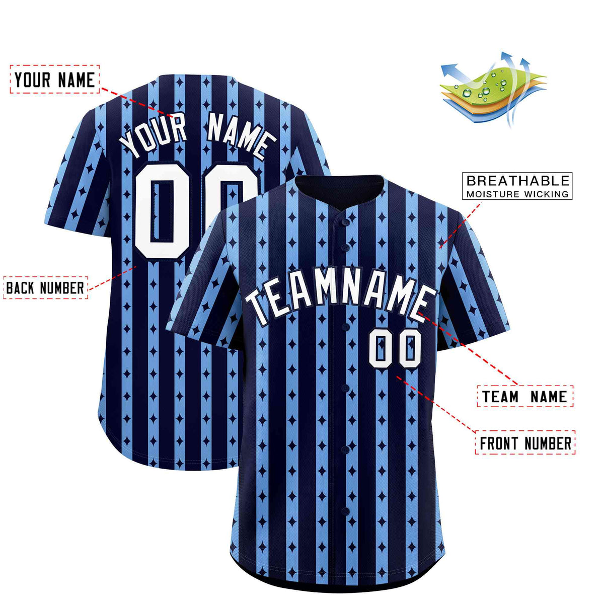 Custom Navy Light Blue Star Pattern Thick Stripes Baseball Jersey