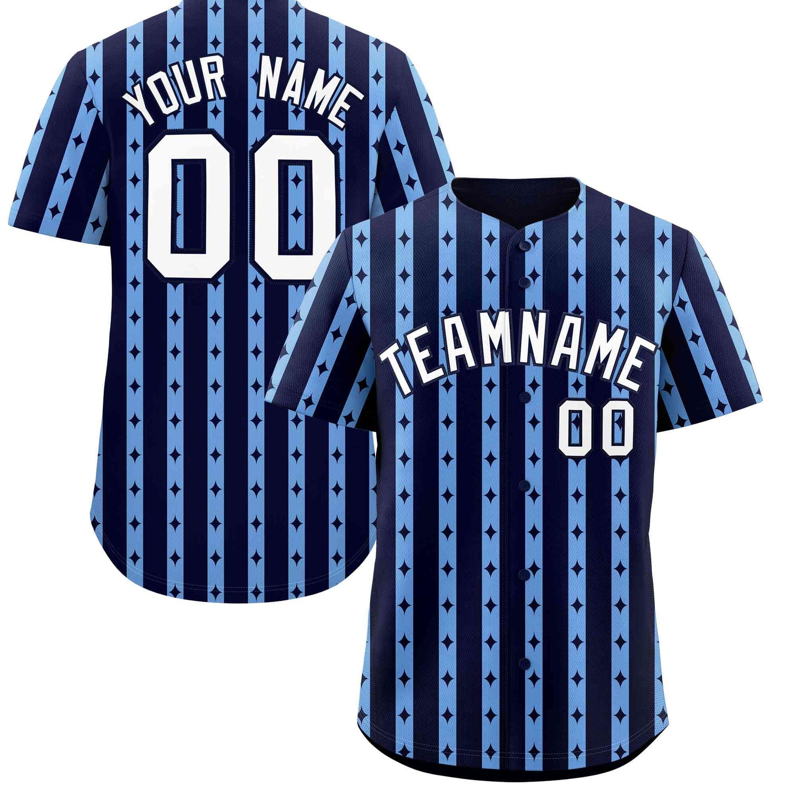Custom Navy Light Blue Star Pattern Thick Stripes Baseball Jersey