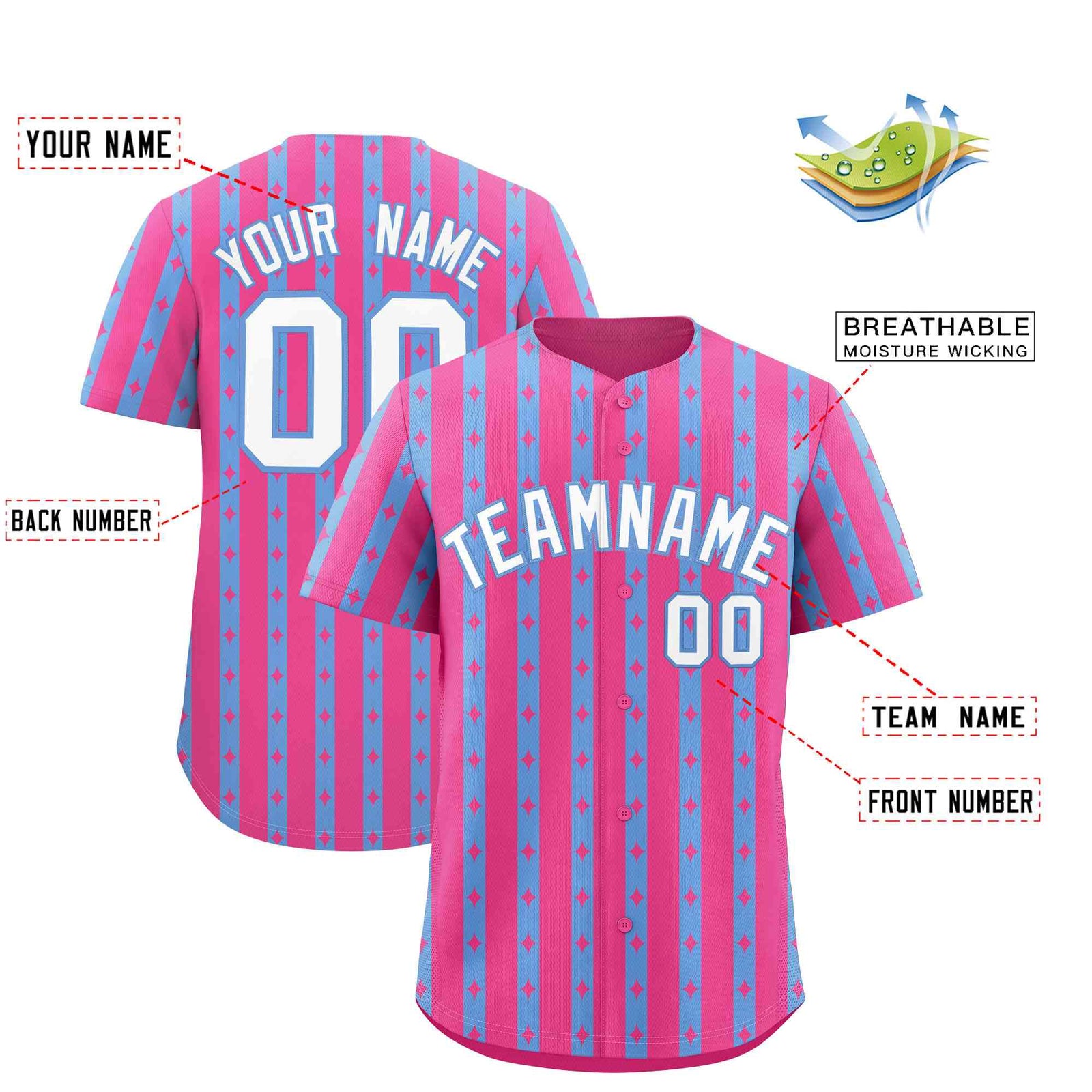 Custom Pink Light Blue Star Pattern Thick Stripes Baseball Jersey
