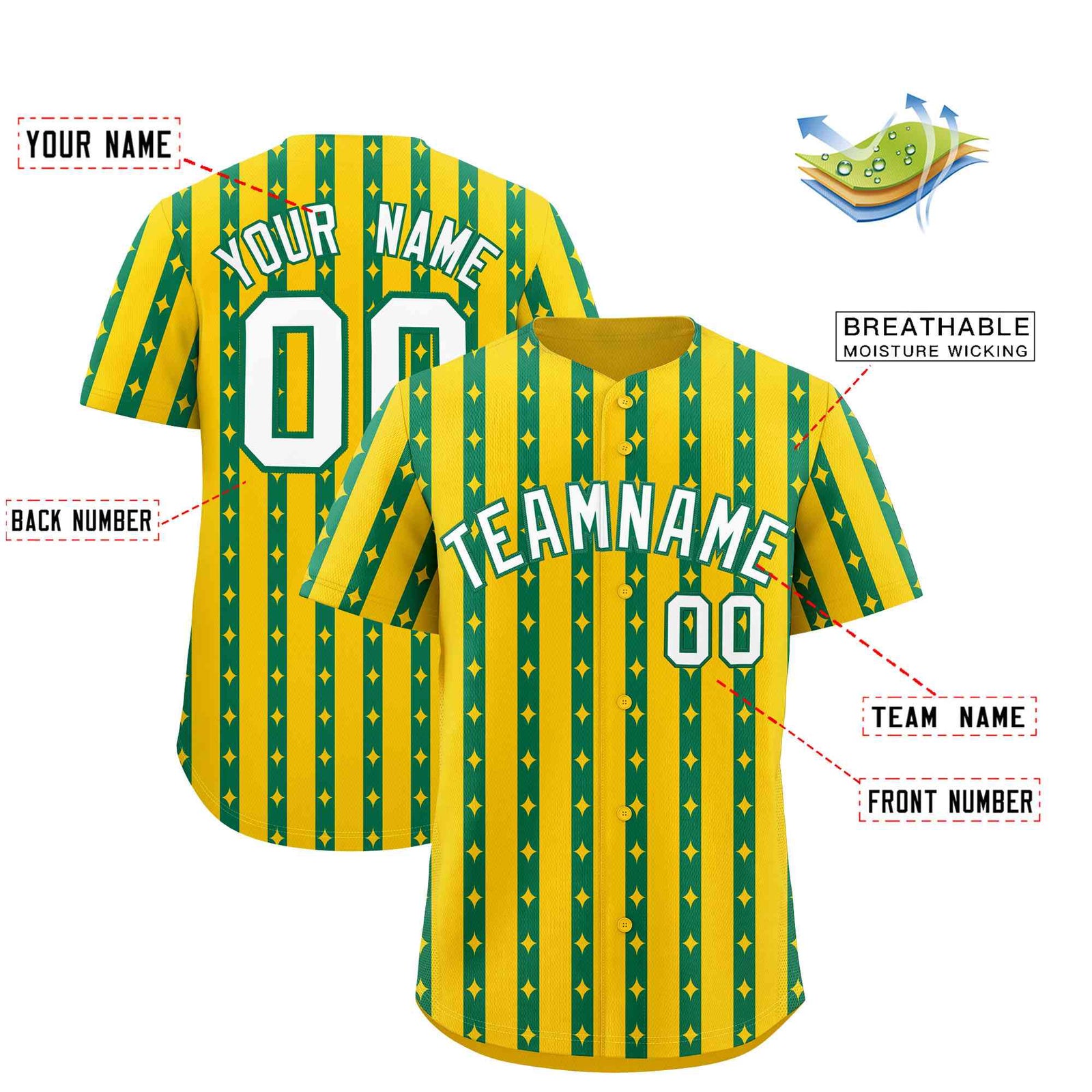 Custom Gold Kelly Green Star Pattern Thick Stripes Baseball Jersey