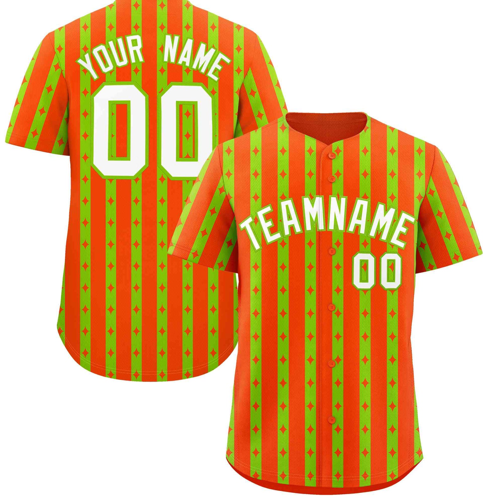 Custom Orange Neon Green Star Pattern Thick Stripes Baseball Jersey