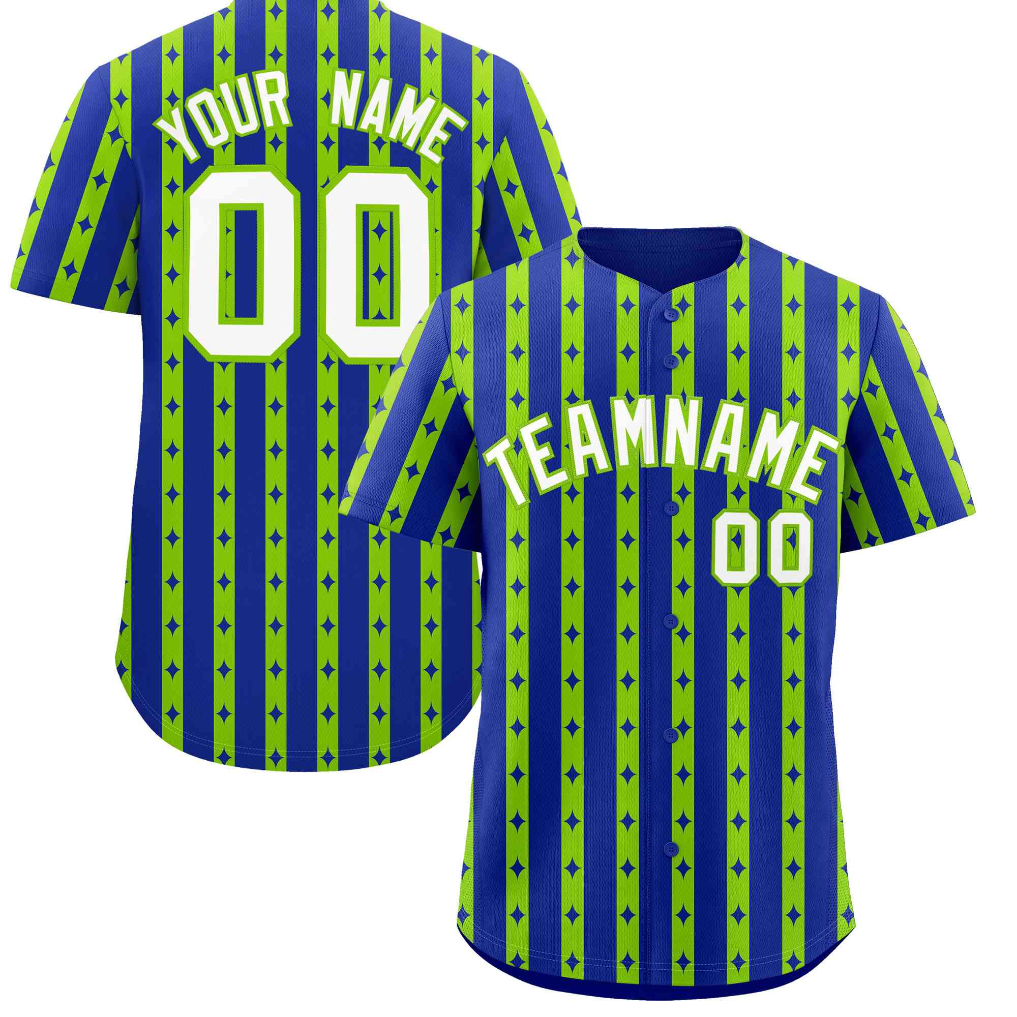 Custom Royal Blue Neon Green Star Pattern Thick Stripes Baseball Jersey