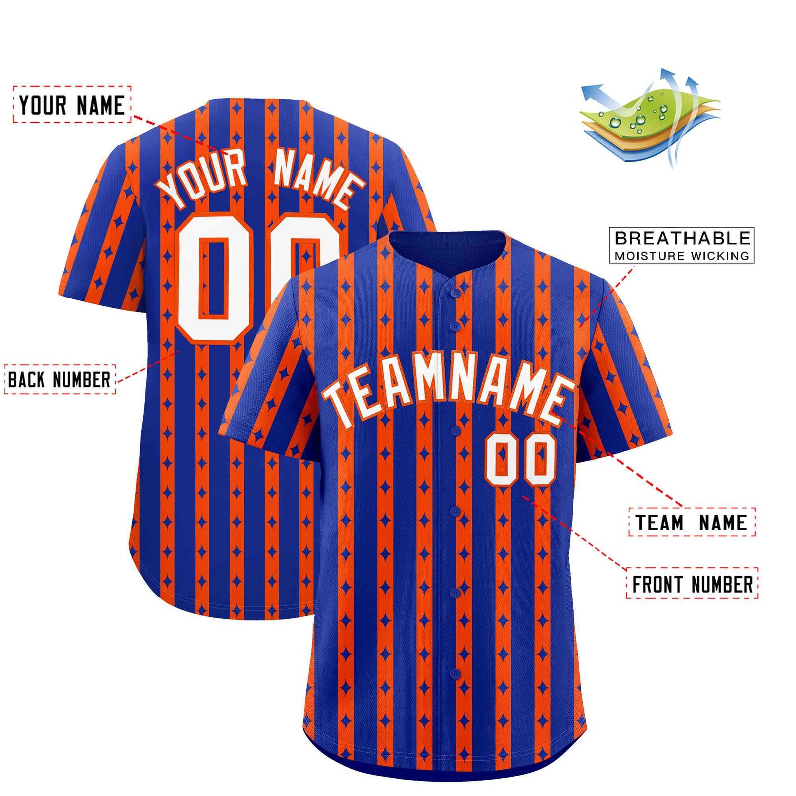 Custom Royal Blue Orange Star Pattern Thick Stripes Baseball Jersey