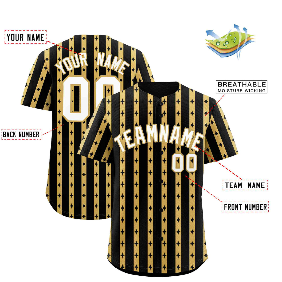 Custom Black Old Gold Star Pattern Thick Stripes Baseball Jersey