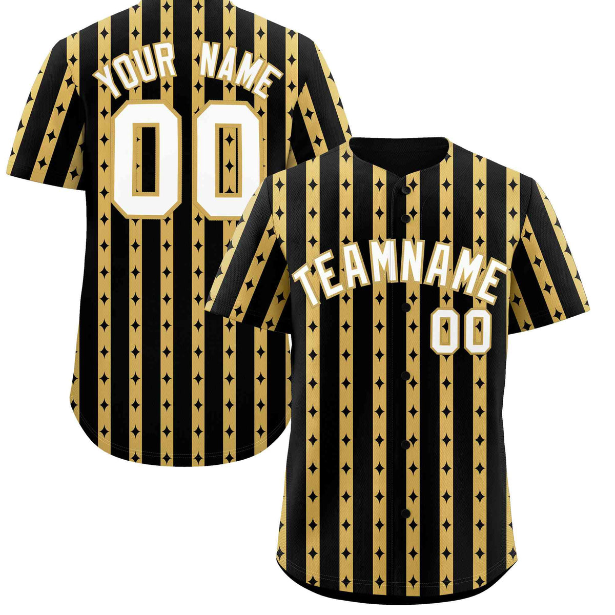 Custom Black Old Gold Star Pattern Thick Stripes Baseball Jersey